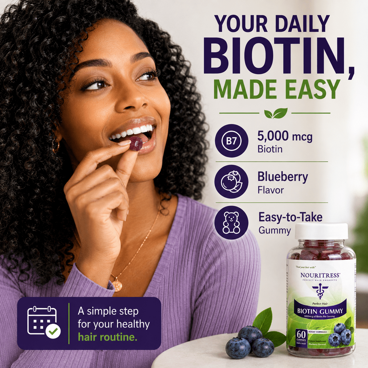 Perfect Hair Biotin Gummy 5000mcg - 60 count - NouriTress Hair Products